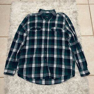 Faded Glory Mens Plaid Button-Up Shirt Large 42-44 100% Cotton Green/Navy/White